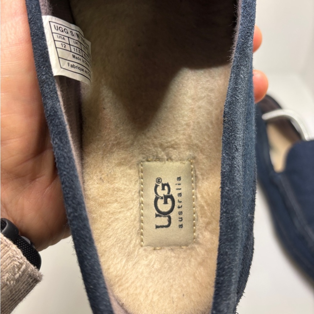UGG Men’s Suede Loafer Slippers Navy Blue Shearling Lined Size 12 - Picture 13 of 15